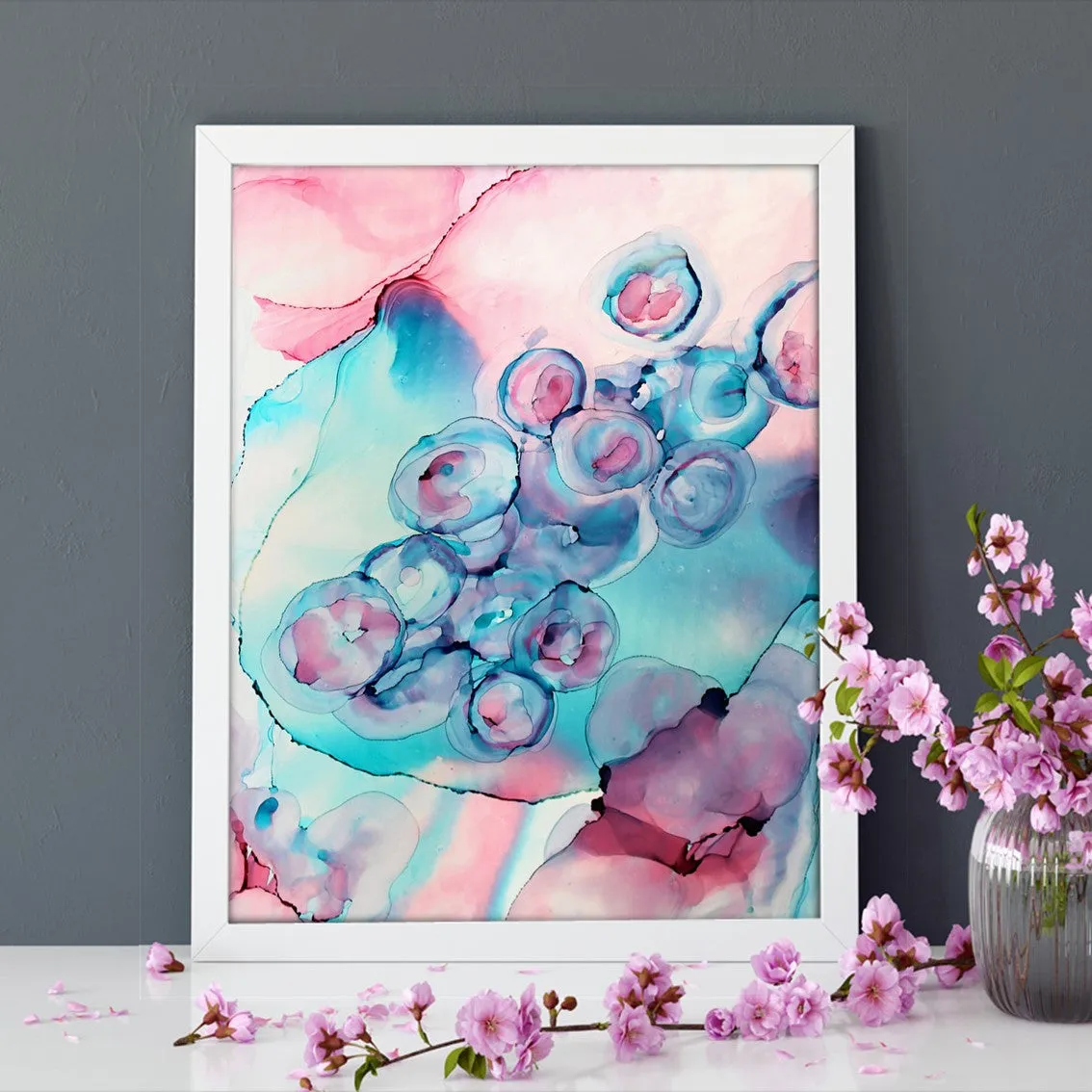 Vertical agua blue & pink abstract alcohol ink art print