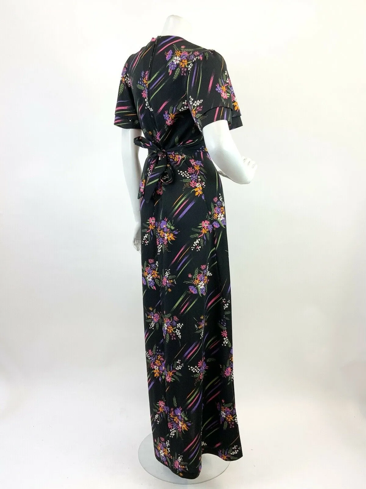 VINTAGE 60s 70s BLACK PURPLE GREEN ORANGE FLORAL STRIPED MOD MAXI DRESS 10