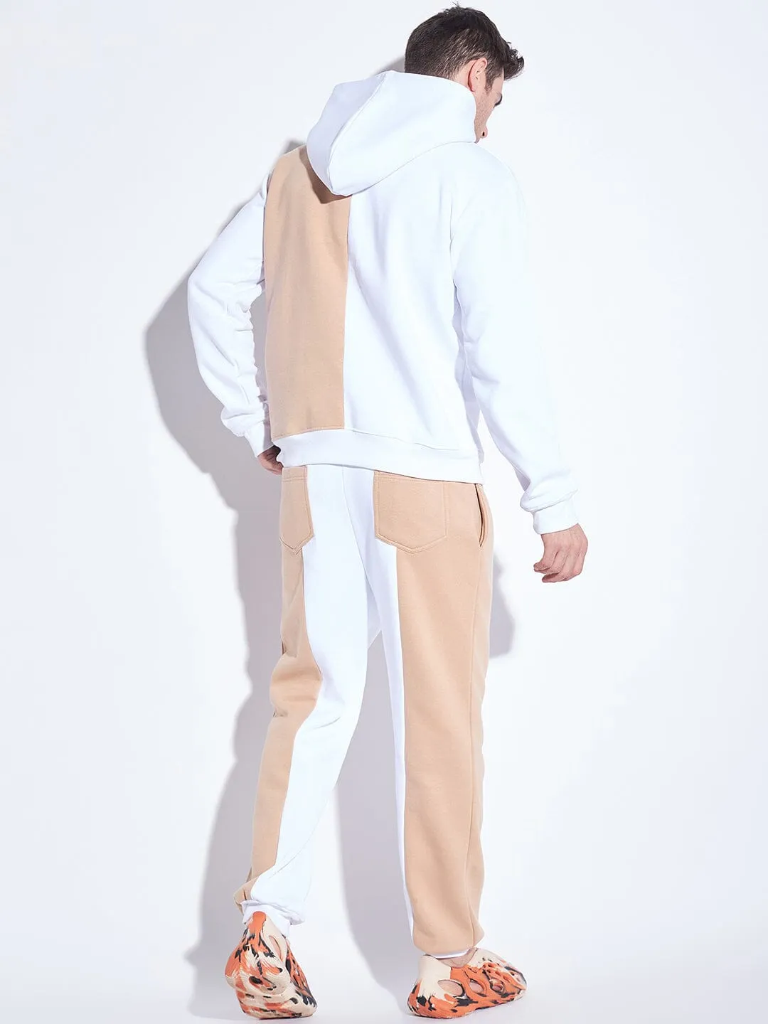 White & Beige Cut Sew Matching Tracksuit