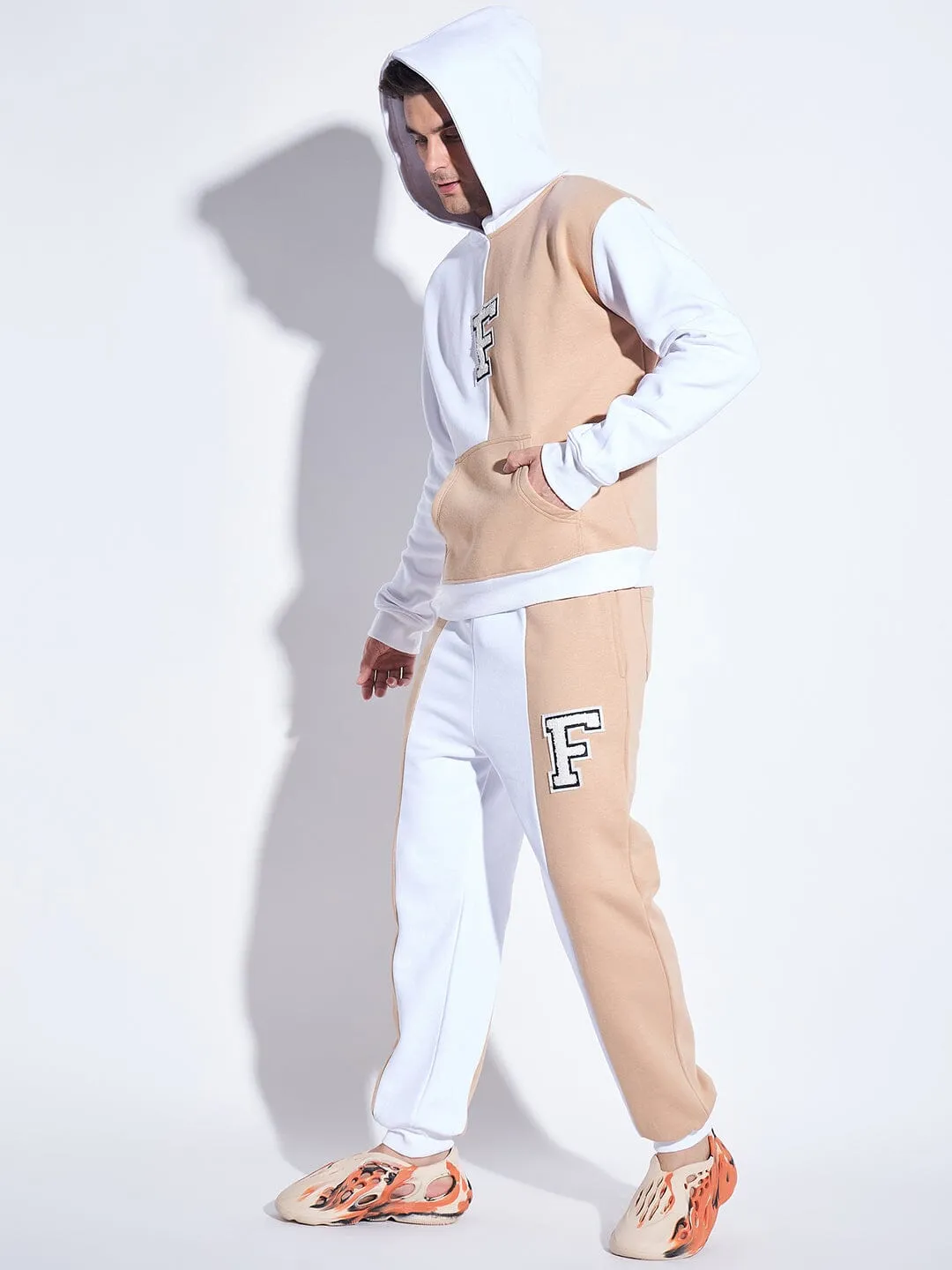 White & Beige Cut Sew Matching Tracksuit