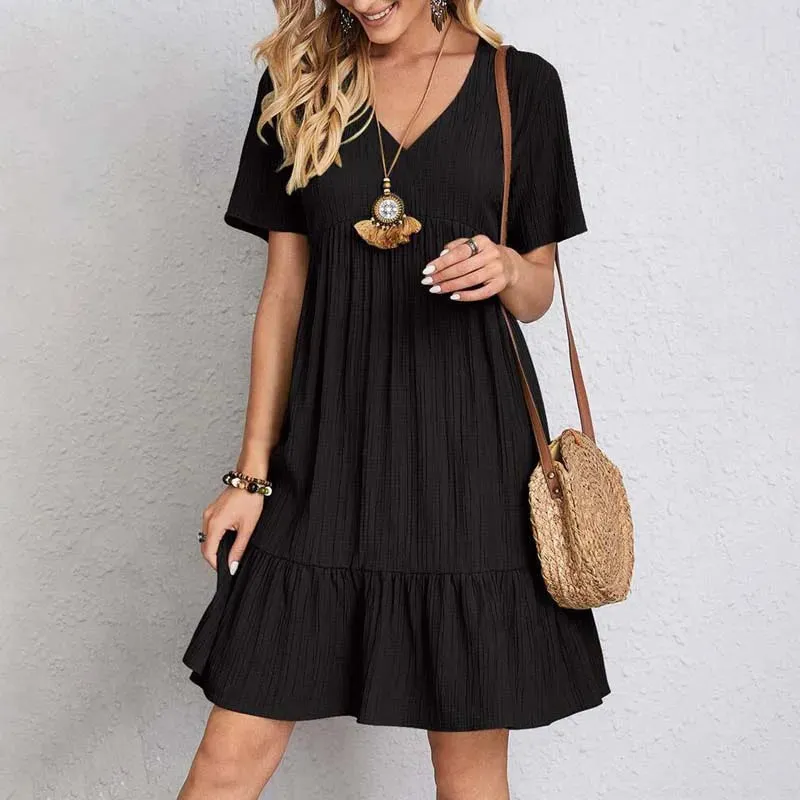 Women Short-Sleeved Dress V-Neck Basic Summer Fashion Casual Party Beach Holiday Midi Dress Women's Overalls Female Clothes