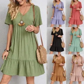 Women Short-Sleeved Dress V-Neck Basic Summer Fashion Casual Party Beach Holiday Midi Dress Women's Overalls Female Clothes