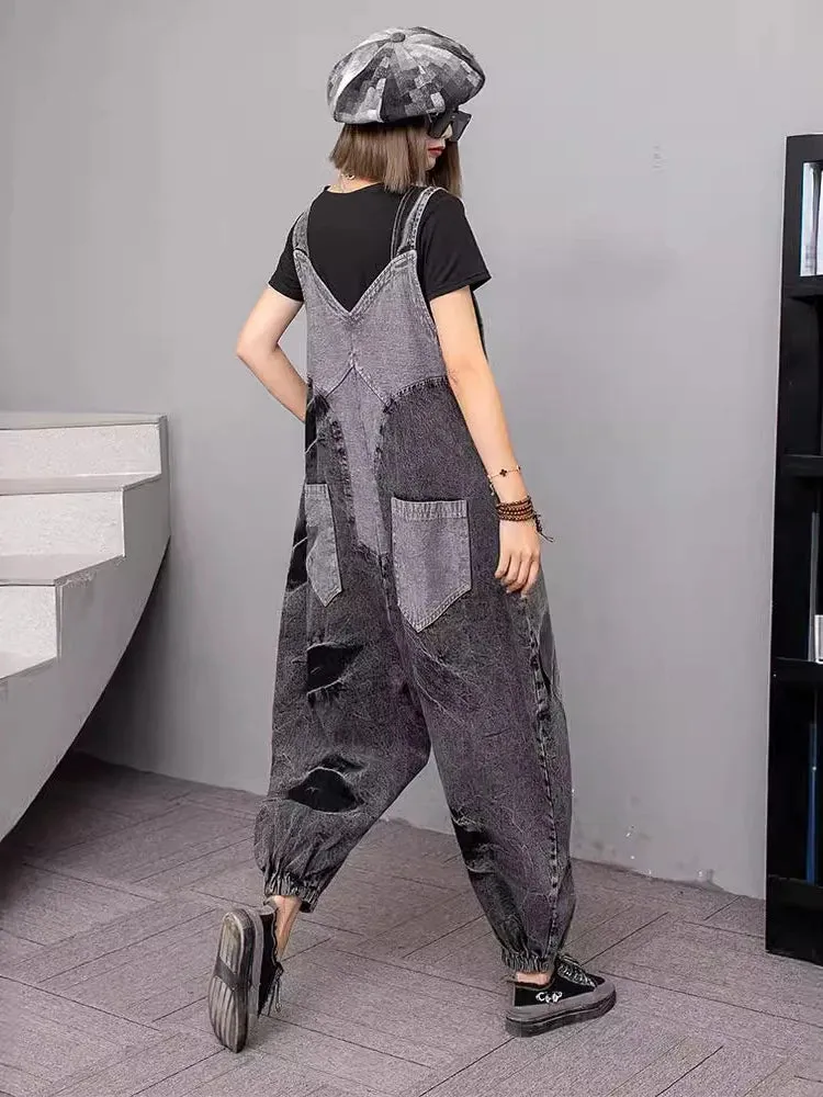 Women's Elegant Gray Denim Oversized Overalls